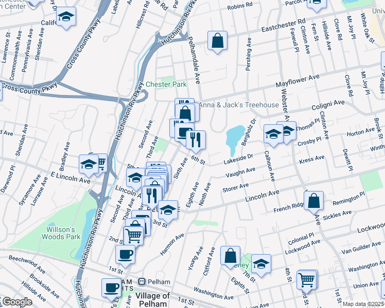 map of restaurants, bars, coffee shops, grocery stores, and more near 512 Sixth Avenue in Village of Pelham