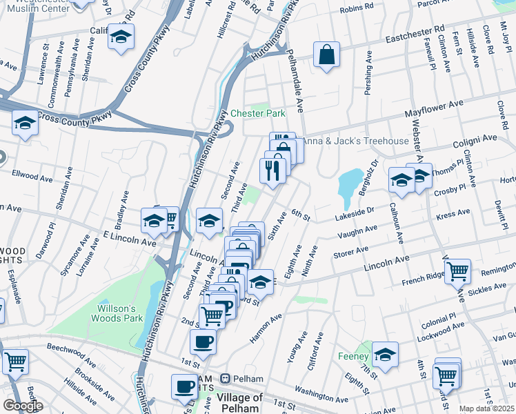 map of restaurants, bars, coffee shops, grocery stores, and more near 439 Fourth Avenue in Village of Pelham