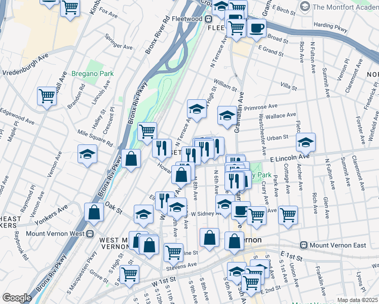 map of restaurants, bars, coffee shops, grocery stores, and more near in Mount Vernon