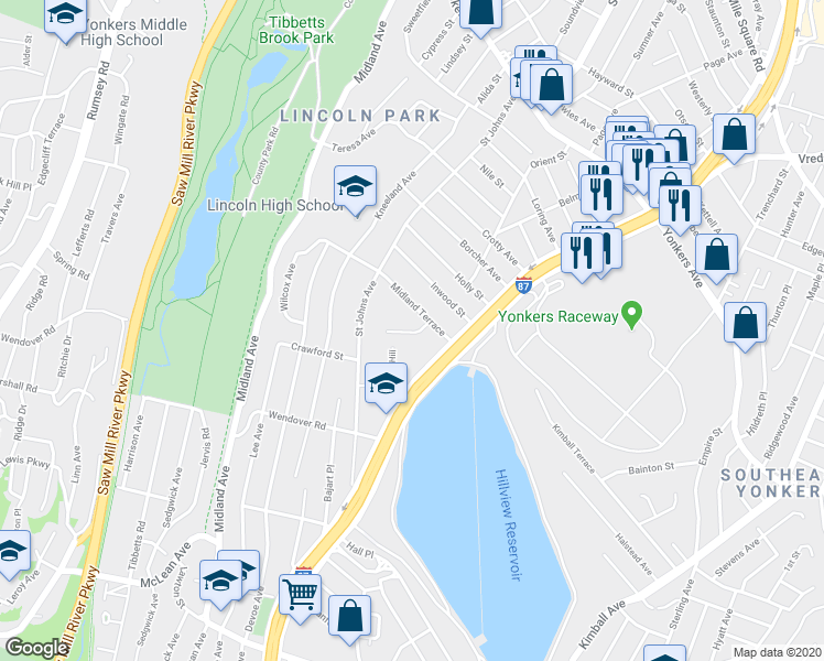 map of restaurants, bars, coffee shops, grocery stores, and more near 29 Hilltop Acres in Yonkers