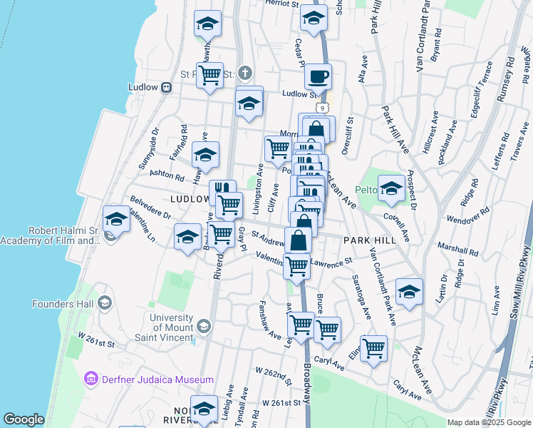 map of restaurants, bars, coffee shops, grocery stores, and more near 49 Cliff Avenue in Yonkers