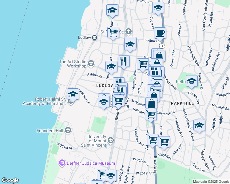 map of restaurants, bars, coffee shops, grocery stores, and more near 4 Bayley Avenue in Yonkers