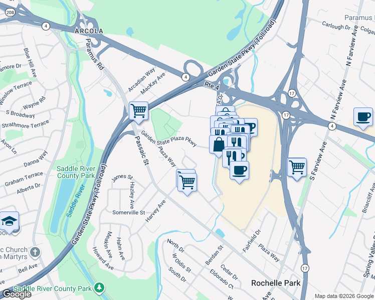 map of restaurants, bars, coffee shops, grocery stores, and more near 151 Arcola Avenue in Paramus