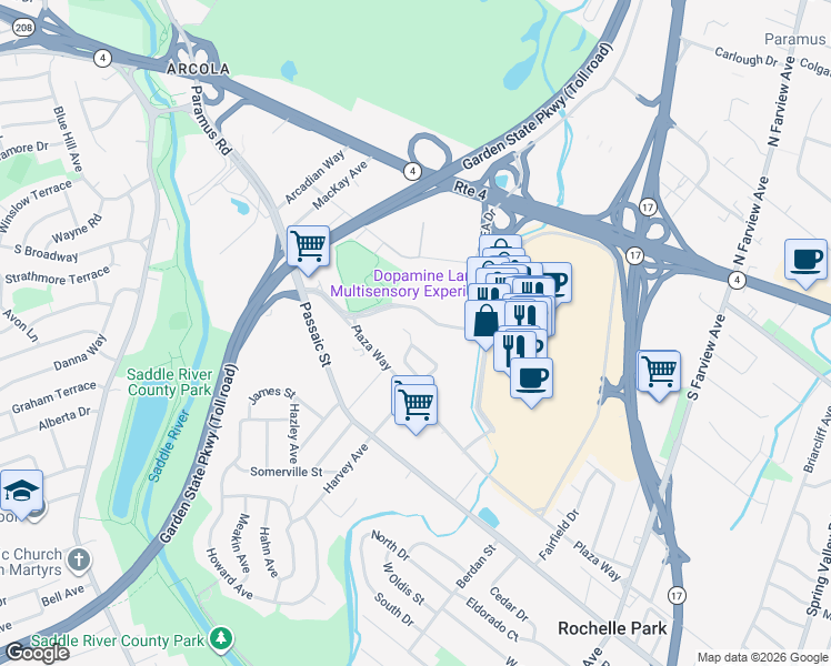 map of restaurants, bars, coffee shops, grocery stores, and more near 151 Arcola Avenue in Paramus