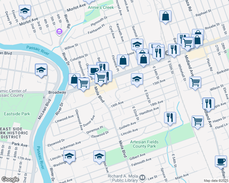 map of restaurants, bars, coffee shops, grocery stores, and more near 34a Iozia Terrace in Elmwood Park