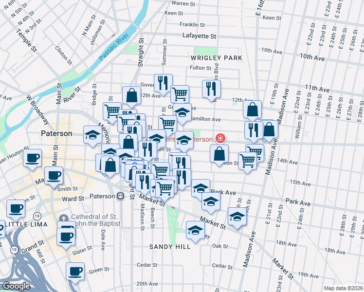 map of restaurants, bars, coffee shops, grocery stores, and more near 308 Broadway in Paterson