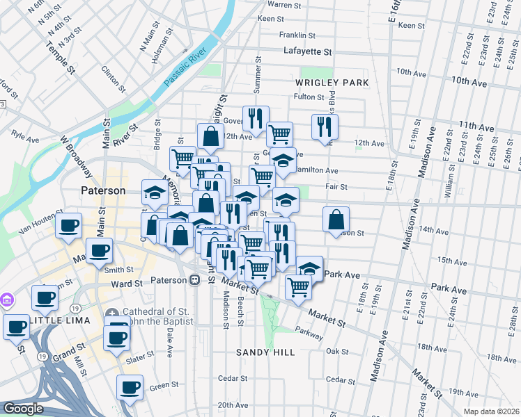 map of restaurants, bars, coffee shops, grocery stores, and more near 276 Doctor Martin Luther King Junior Way in Paterson
