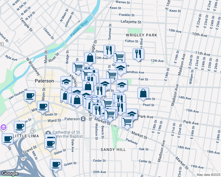 map of restaurants, bars, coffee shops, grocery stores, and more near 276 Doctor Martin Luther King Junior Way in Paterson