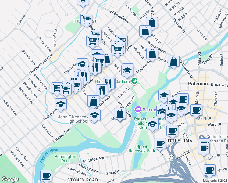 map of restaurants, bars, coffee shops, grocery stores, and more near 113 Wayne Avenue in Paterson