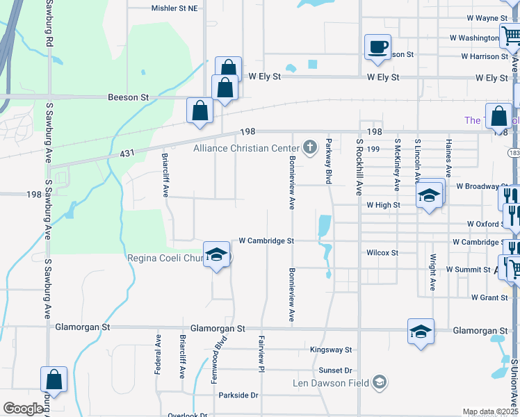 map of restaurants, bars, coffee shops, grocery stores, and more near 433 Fairview Place in Alliance