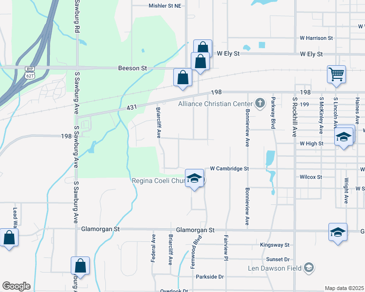map of restaurants, bars, coffee shops, grocery stores, and more near 421 Cobblestone Avenue Northeast in Alliance