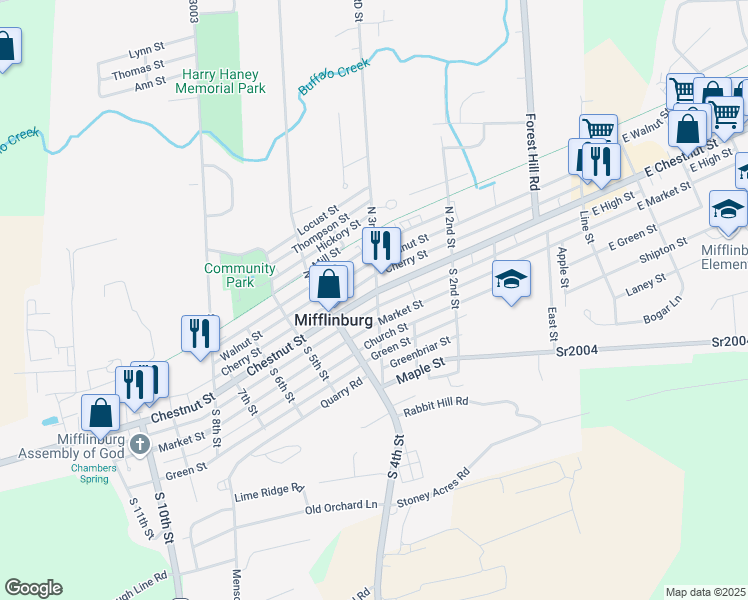 map of restaurants, bars, coffee shops, grocery stores, and more near 307 Chestnut St in Mifflinburg