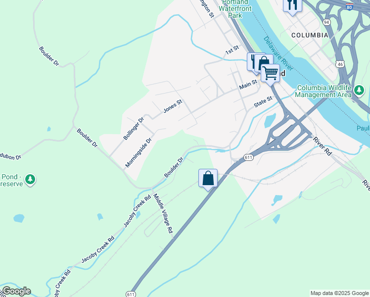 map of restaurants, bars, coffee shops, grocery stores, and more near 954 Boulder Drive in Mount Bethel