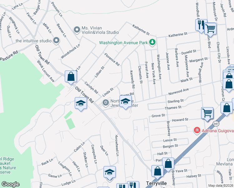 map of restaurants, bars, coffee shops, grocery stores, and more near 16 Linda Street in Port Jefferson Station