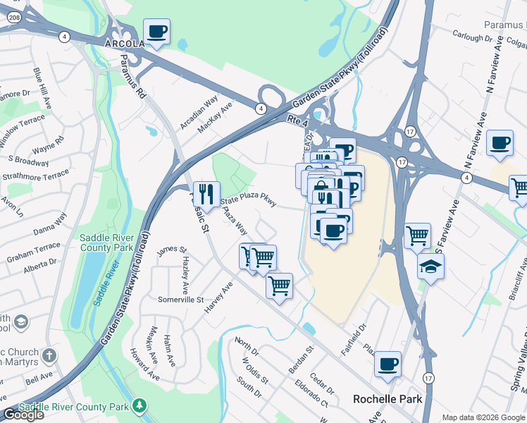 map of restaurants, bars, coffee shops, grocery stores, and more near 151 Arcola Avenue in Paramus