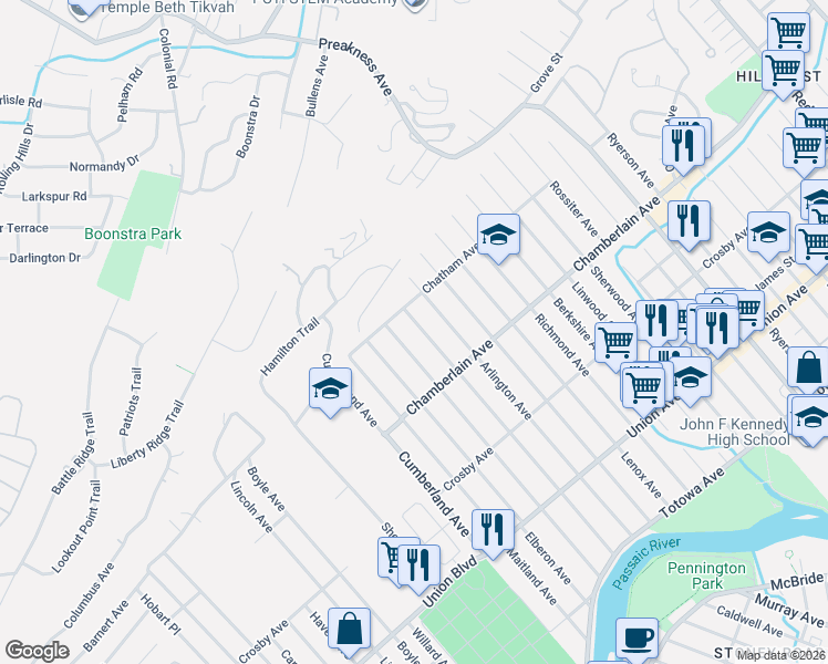 map of restaurants, bars, coffee shops, grocery stores, and more near 271 Burlington Avenue in Paterson