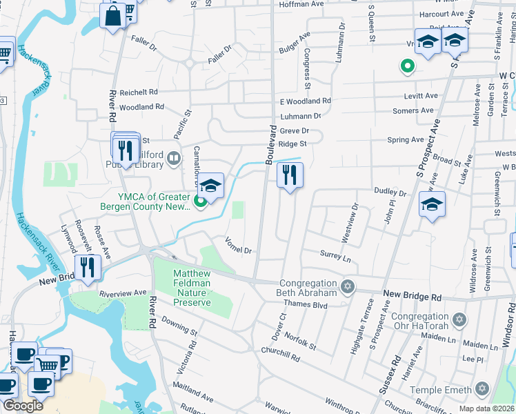 map of restaurants, bars, coffee shops, grocery stores, and more near 1107 Boulevard in New Milford