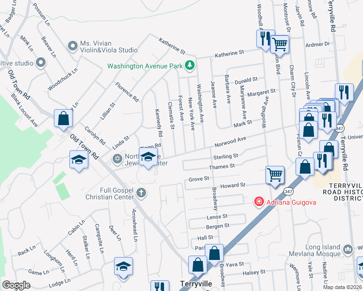 map of restaurants, bars, coffee shops, grocery stores, and more near 6 Forest Avenue in Port Jefferson Station