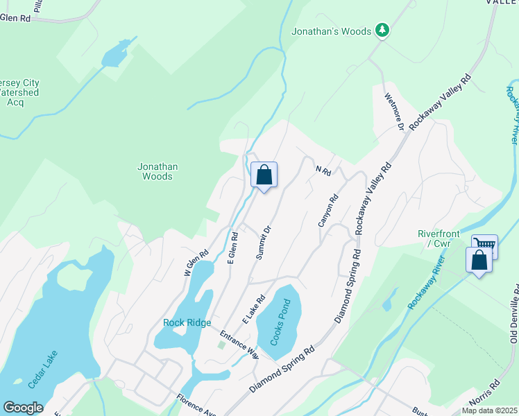 map of restaurants, bars, coffee shops, grocery stores, and more near 85 East Glen Road in Denville