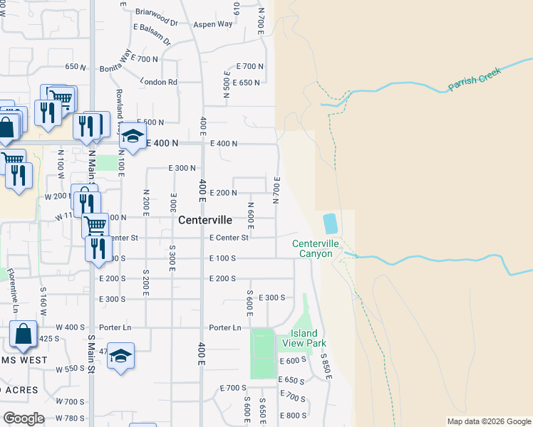 map of restaurants, bars, coffee shops, grocery stores, and more near 665 East 100 North in Centerville