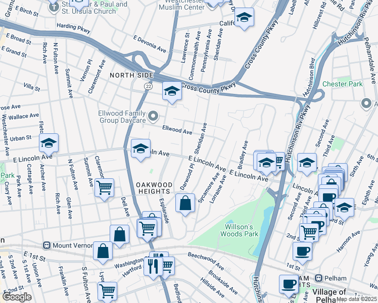 map of restaurants, bars, coffee shops, grocery stores, and more near 531 East Lincoln Avenue in Mount Vernon