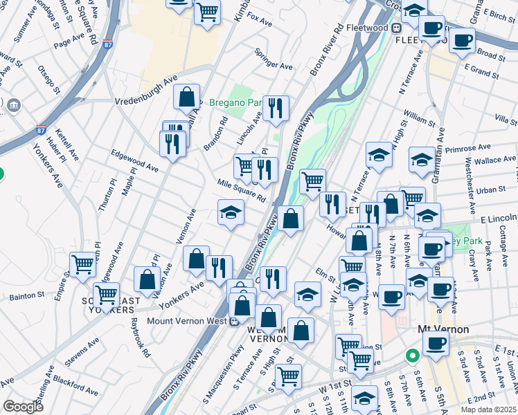 map of restaurants, bars, coffee shops, grocery stores, and more near in Yonkers