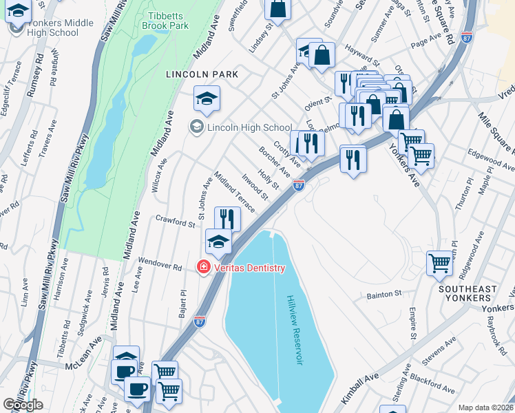 map of restaurants, bars, coffee shops, grocery stores, and more near 74 Inwood Street in Yonkers