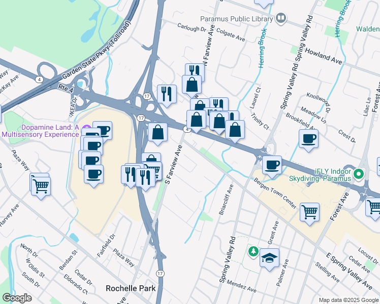 map of restaurants, bars, coffee shops, grocery stores, and more near 42 Spring Valley Avenue in Paramus