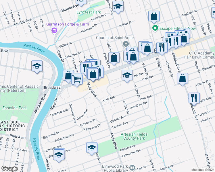 map of restaurants, bars, coffee shops, grocery stores, and more near 34a Iozia Terrace in Elmwood Park