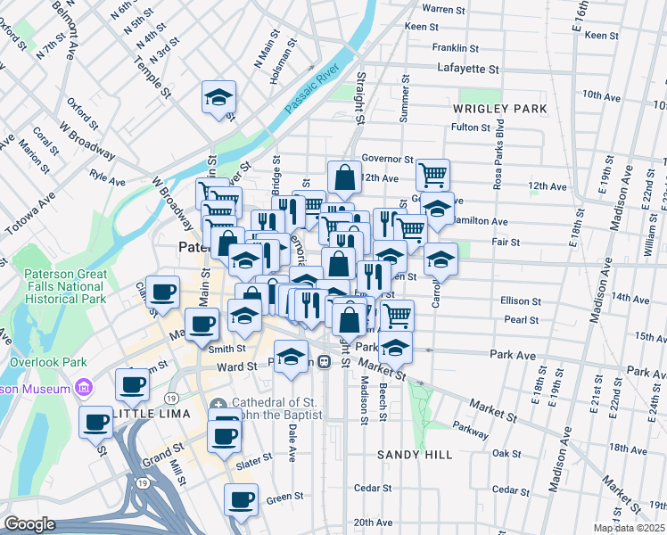 map of restaurants, bars, coffee shops, grocery stores, and more near 176 Broadway in Paterson