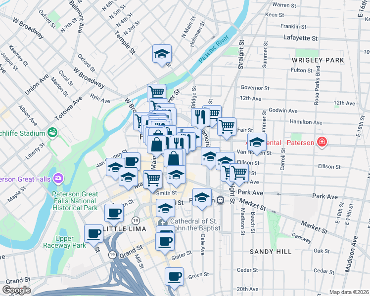 map of restaurants, bars, coffee shops, grocery stores, and more near 5 Church Street in Paterson