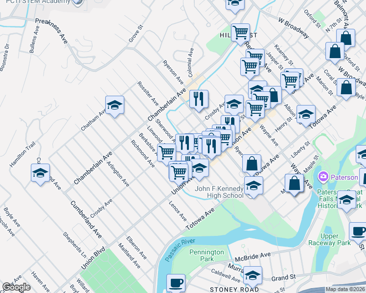 map of restaurants, bars, coffee shops, grocery stores, and more near 123 Rossiter Avenue in Paterson