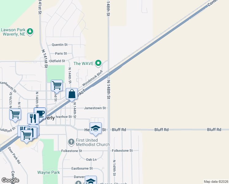 map of restaurants, bars, coffee shops, grocery stores, and more near 10851 North 148th Street in Waverly