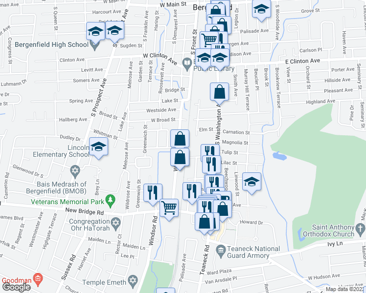 map of restaurants, bars, coffee shops, grocery stores, and more near 91 Woodbine Street in Bergenfield