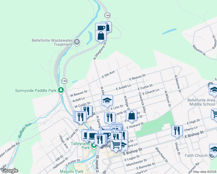 map of restaurants, bars, coffee shops, grocery stores, and more near 124 East Beaver Street in Bellefonte