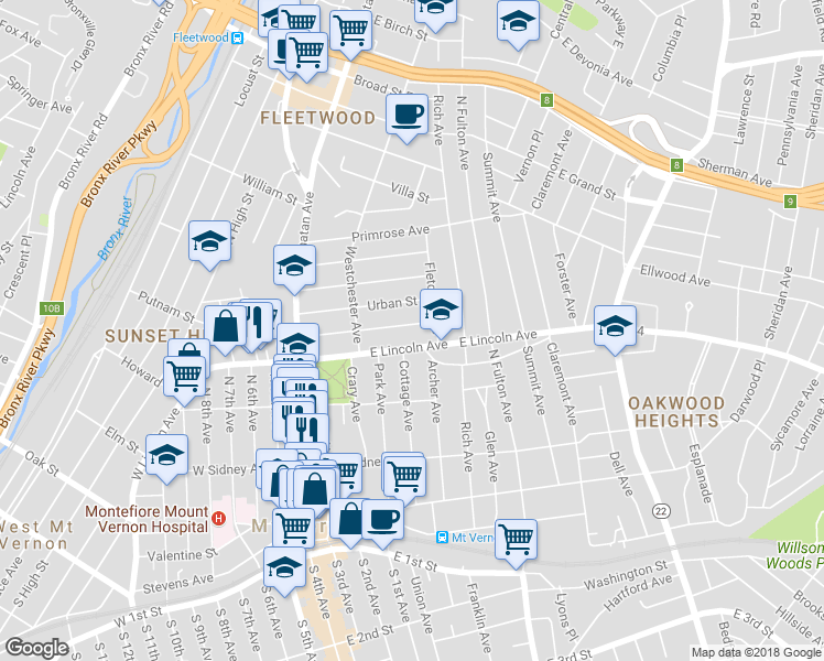 map of restaurants, bars, coffee shops, grocery stores, and more near 146 Chester Street in Mount Vernon