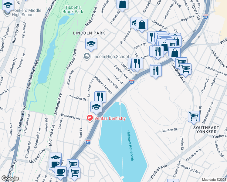 map of restaurants, bars, coffee shops, grocery stores, and more near 74 Inwood Street in Yonkers