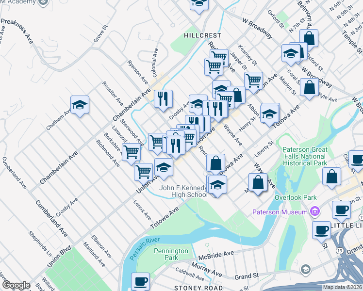 map of restaurants, bars, coffee shops, grocery stores, and more near 289 Union Avenue in Paterson