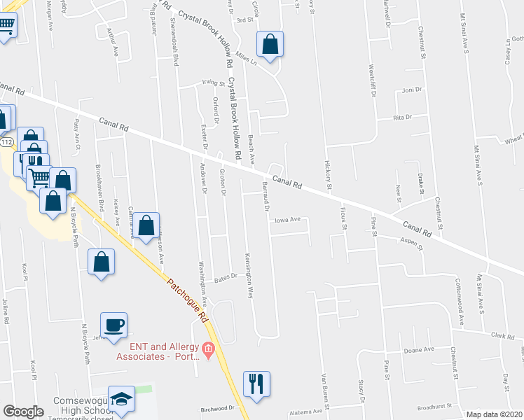 map of restaurants, bars, coffee shops, grocery stores, and more near 122 Barraud Drive in Port Jefferson Station