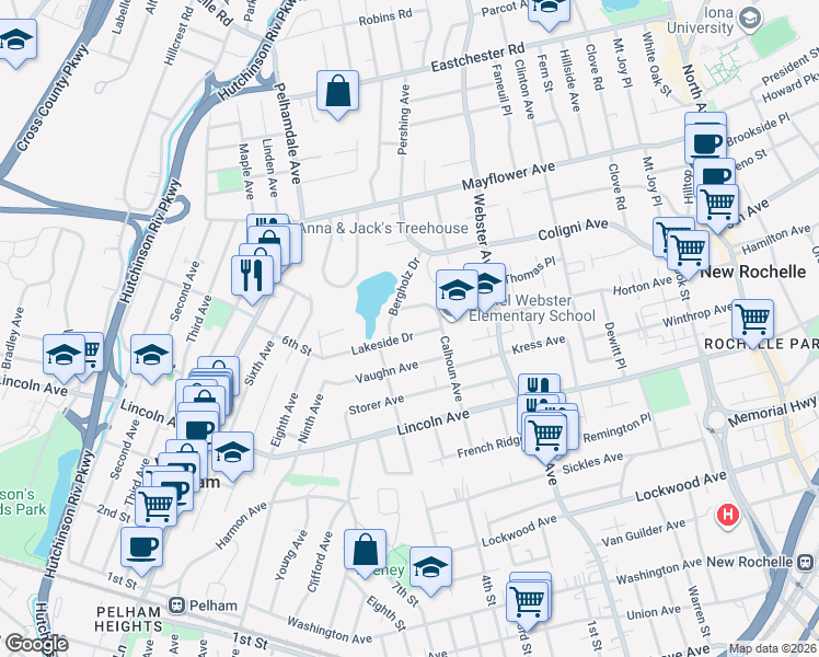 map of restaurants, bars, coffee shops, grocery stores, and more near 21 Bergholz Drive in New Rochelle