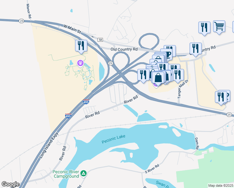 map of restaurants, bars, coffee shops, grocery stores, and more near 1964 River Road in Calverton