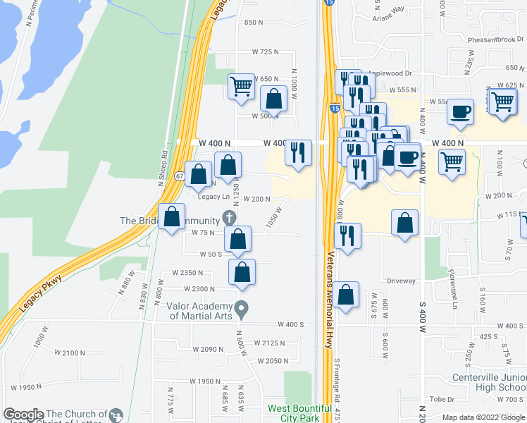 map of restaurants, bars, coffee shops, grocery stores, and more near 1205 West 200 North in Centerville