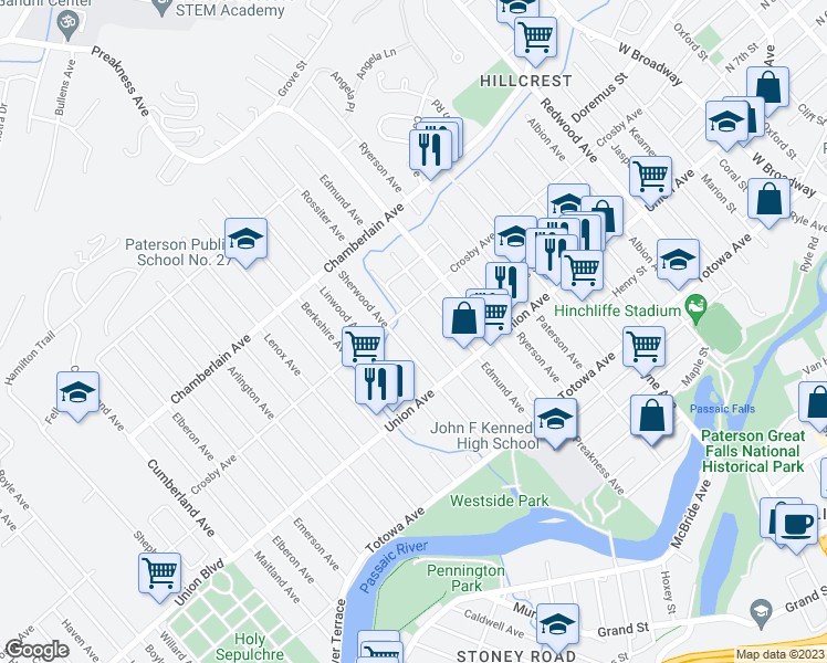 map of restaurants, bars, coffee shops, grocery stores, and more near 123 Rossiter Avenue in Paterson