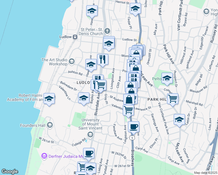 map of restaurants, bars, coffee shops, grocery stores, and more near 143 Livingston Avenue in Yonkers