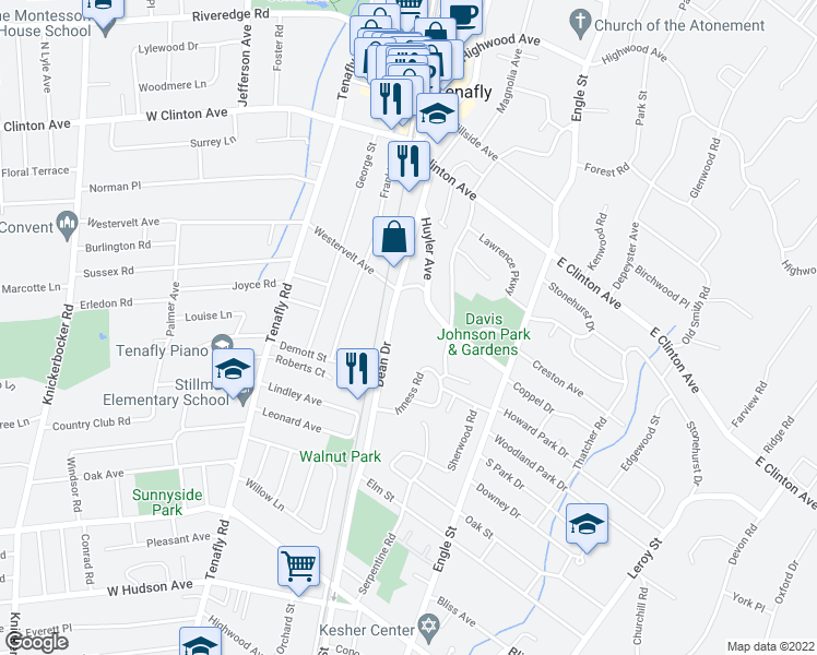 map of restaurants, bars, coffee shops, grocery stores, and more near 88 Dean Drive in Tenafly