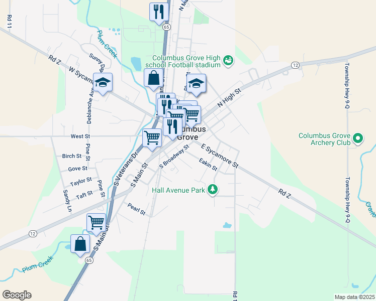 map of restaurants, bars, coffee shops, grocery stores, and more near 108 S Broadway St in Columbus Grove