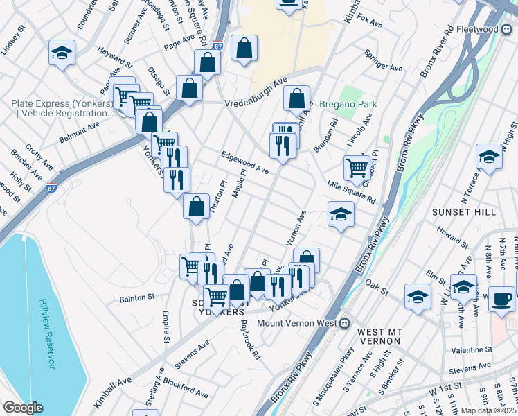 map of restaurants, bars, coffee shops, grocery stores, and more near 505 Kimball Avenue in Yonkers