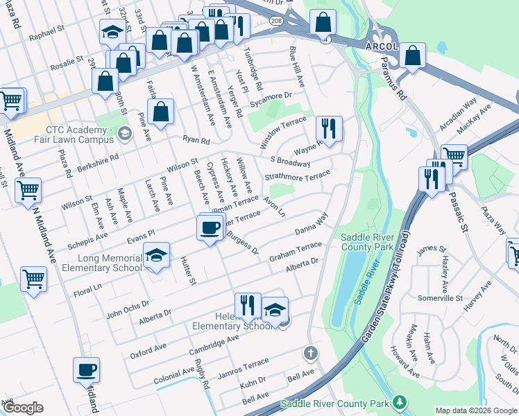 map of restaurants, bars, coffee shops, grocery stores, and more near 15 Weller Terrace in Saddle Brook