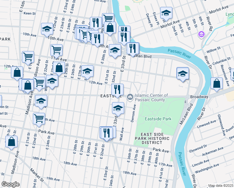 map of restaurants, bars, coffee shops, grocery stores, and more near 729 Doctor Martin Luther King Junior Way in Paterson