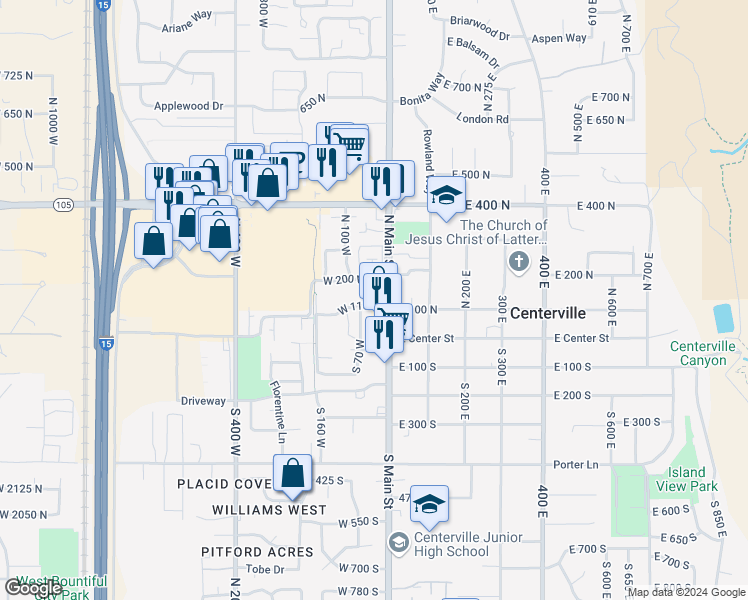 map of restaurants, bars, coffee shops, grocery stores, and more near 147 North Main Street in Centerville